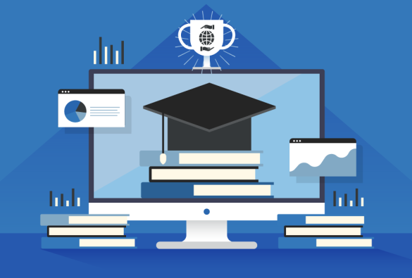 Illustration of a graduation cap, a computer and books.